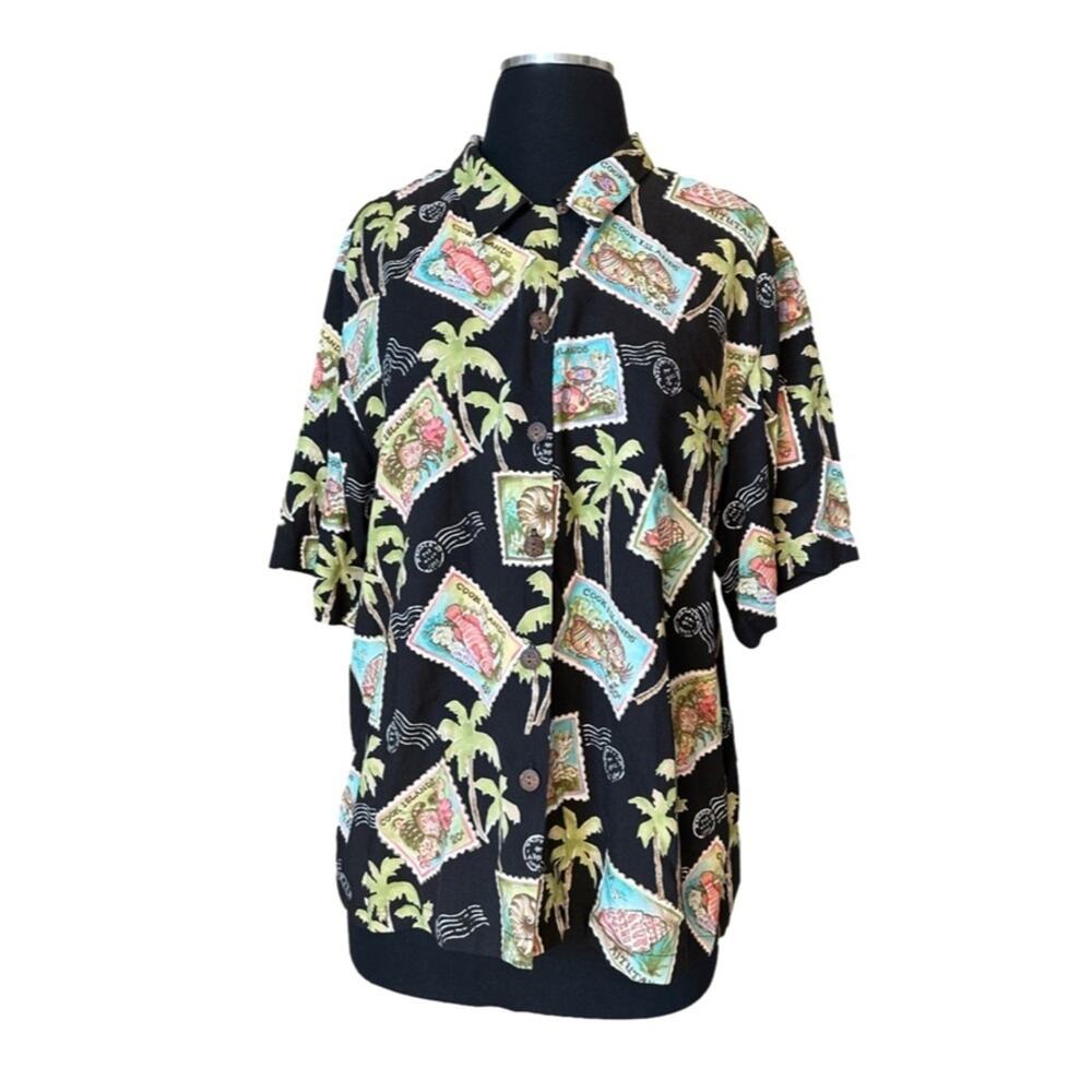 Kahala Hawaiian Islands Vintage Women's Shell Stamps Shirt Sz L Tropical Party